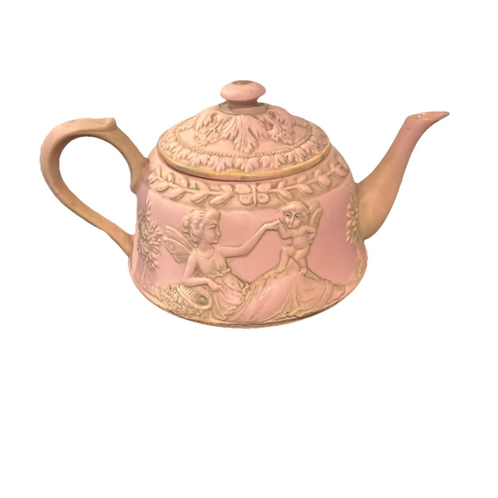 Antique Schafer‎ & Vater Pink German Jasperware Teapot Cherubs Fairies Porcelain